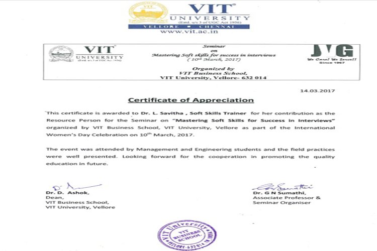 Certificate by VIT Vellore TN
