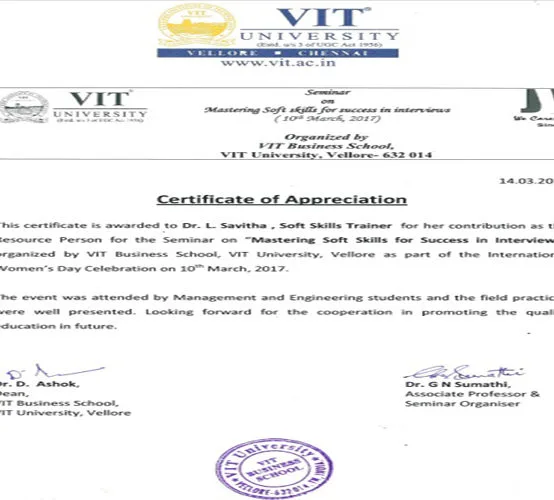 Certificate by VIT Vellore TN