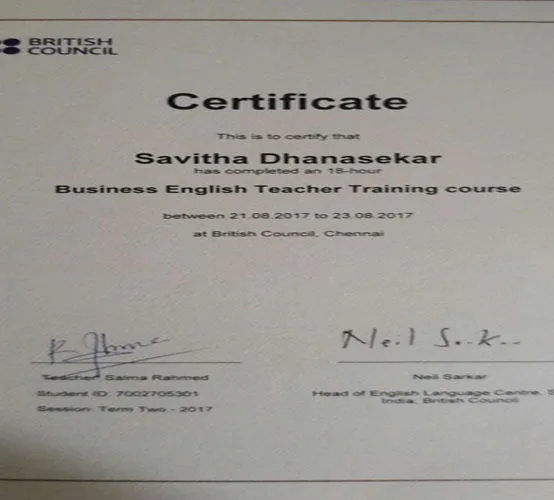 Certificate by British Council Chennai
