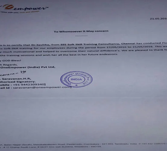 Certificate by OneEmpower Coimbatore