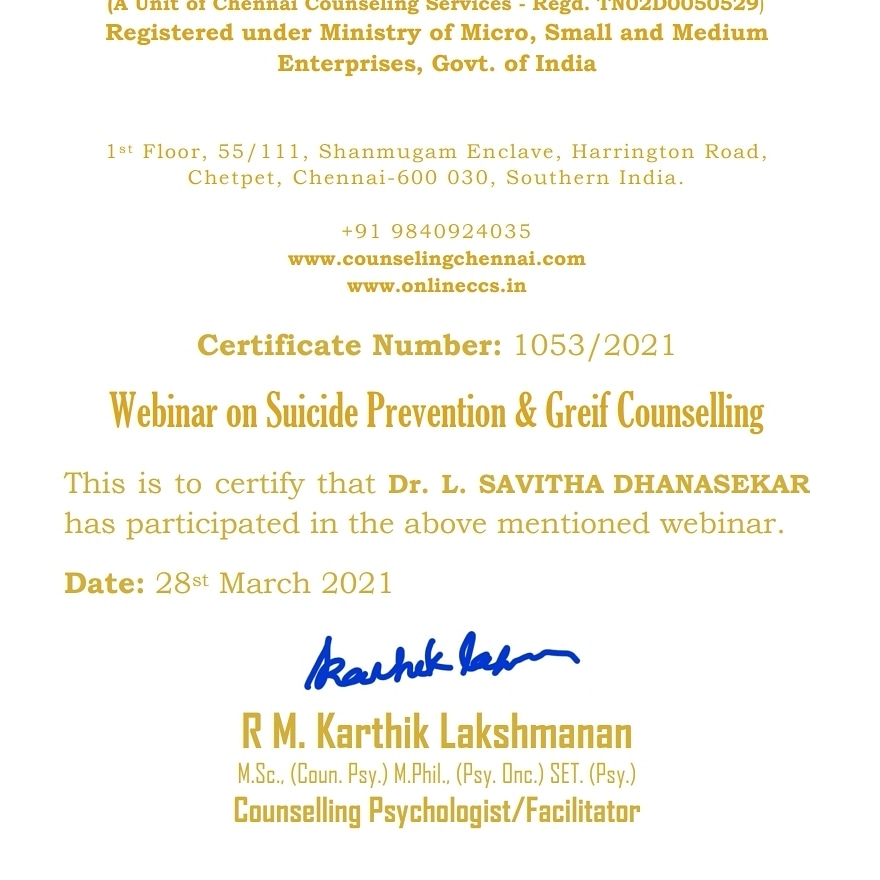 Webinar on Suicide Prevention and Grief Counselling